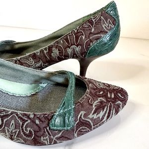 Seychelles Amalfi Tapestry Kitten Heel Pump 8.5 Green Crocodile Pointy Toe